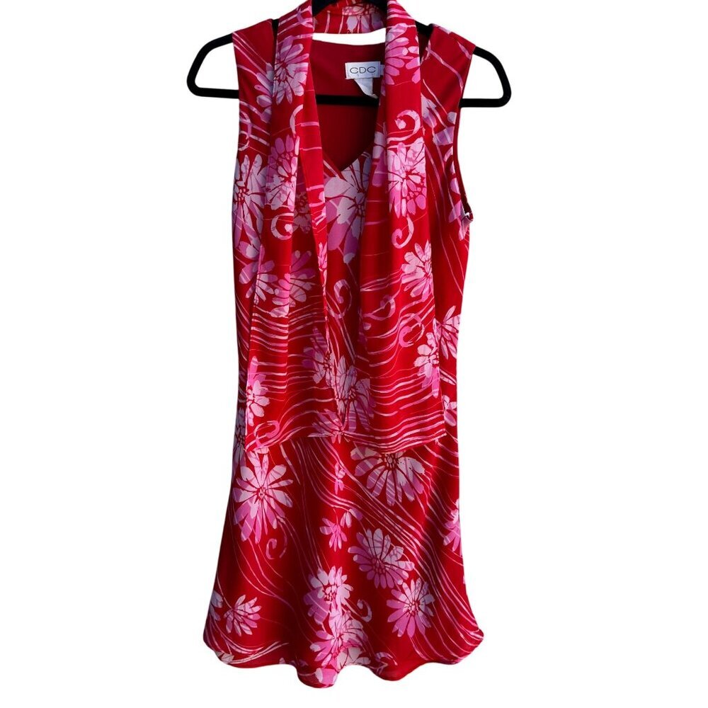 CDC Vintage‎ Y2K Womens Red Floral Sleeveless Bias Cut Ruffle Hem Dress Scarf 6